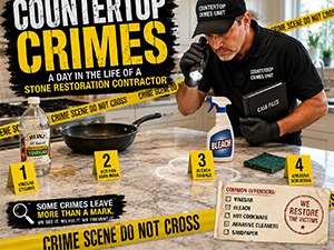 Informational infographic about countertop crimes; shows four scam tactics labeled 1–4 with crime-scene tape and title text.